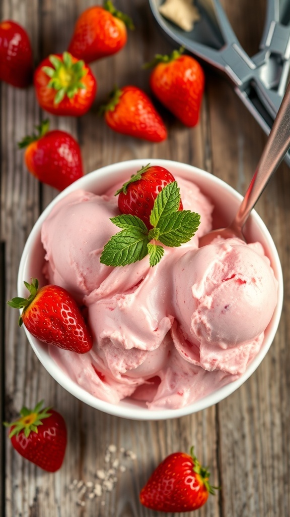A bowl of low-calorie strawberry ice cream garnished with strawberries and mint on a wooden table.